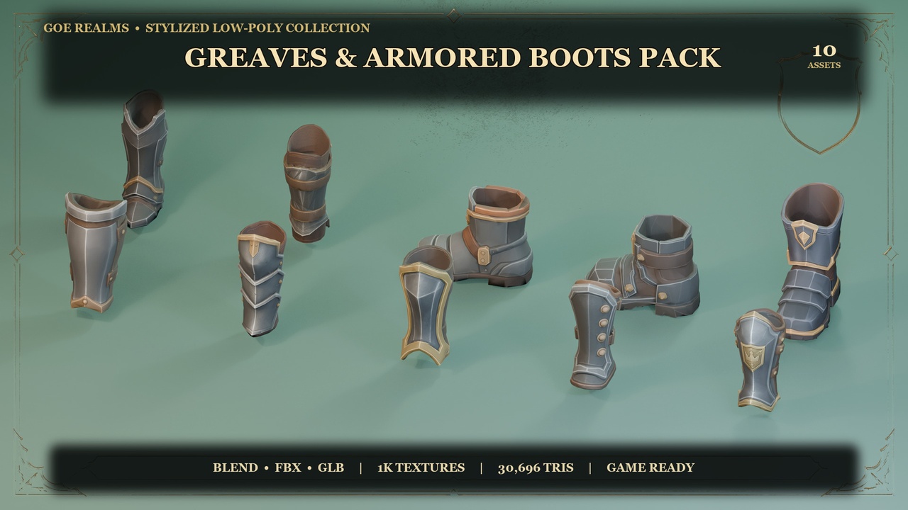 Media 1 for listing Stylized Greaves & Armored Boots Pack – 10 Hand-Painted Props