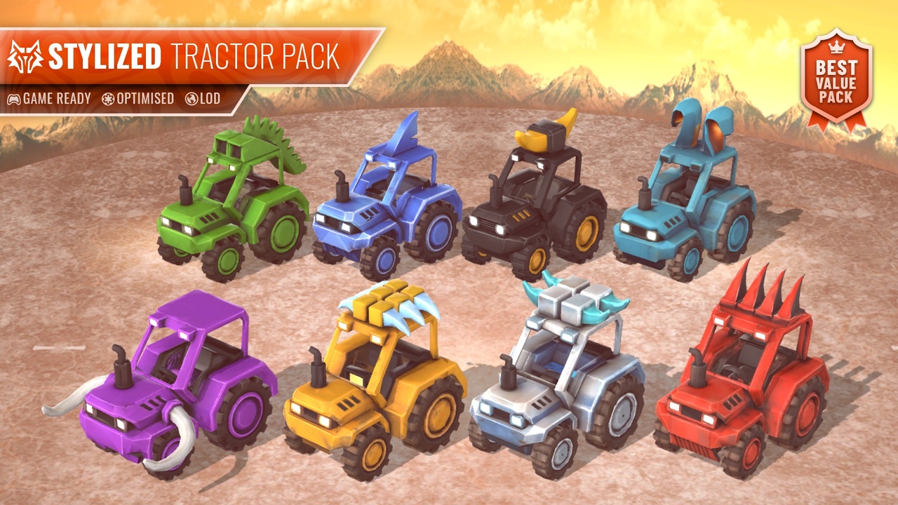 Media 1 for listing Stylized Tractor Pack – Animal Farming Vehicles (LOD, Atlas)