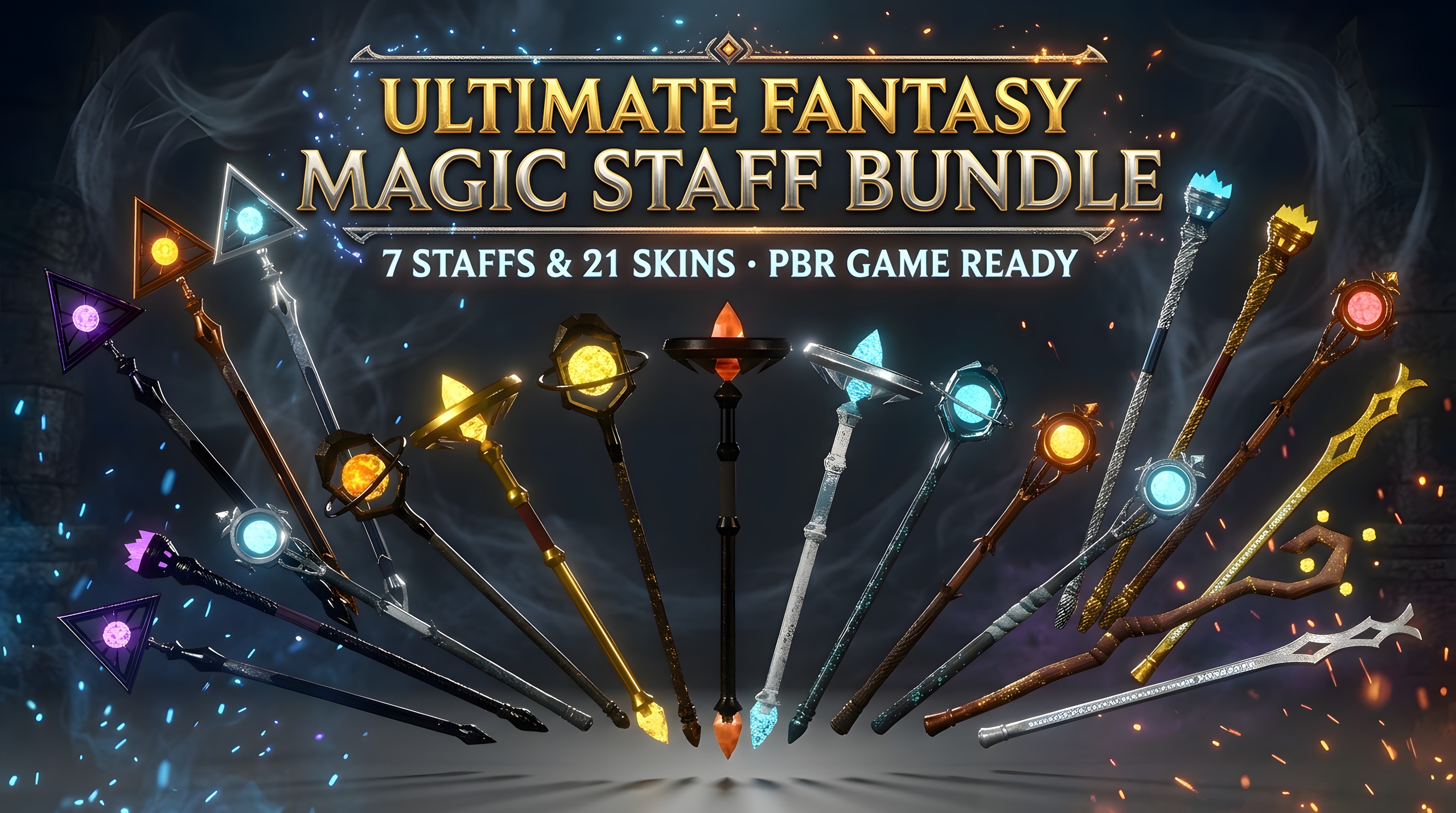 Media 1 for listing Ultimate Fantasy Magic Staff Bundle - 7 Staffs & 21 Skins PBR Game Ready