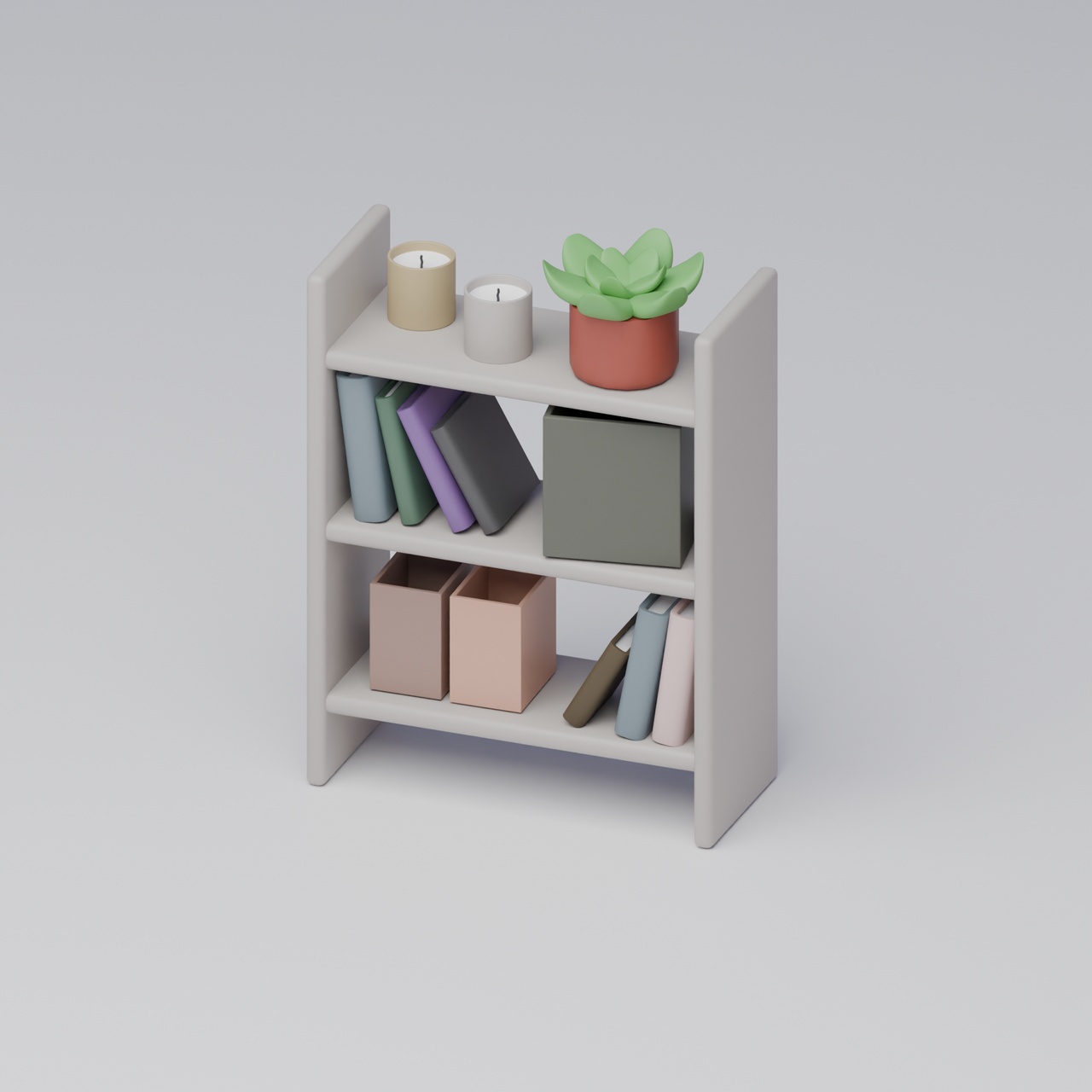 Media 1 for listing clean and minimalist bookshelf prop, designed for cozy interior scenes, stylized