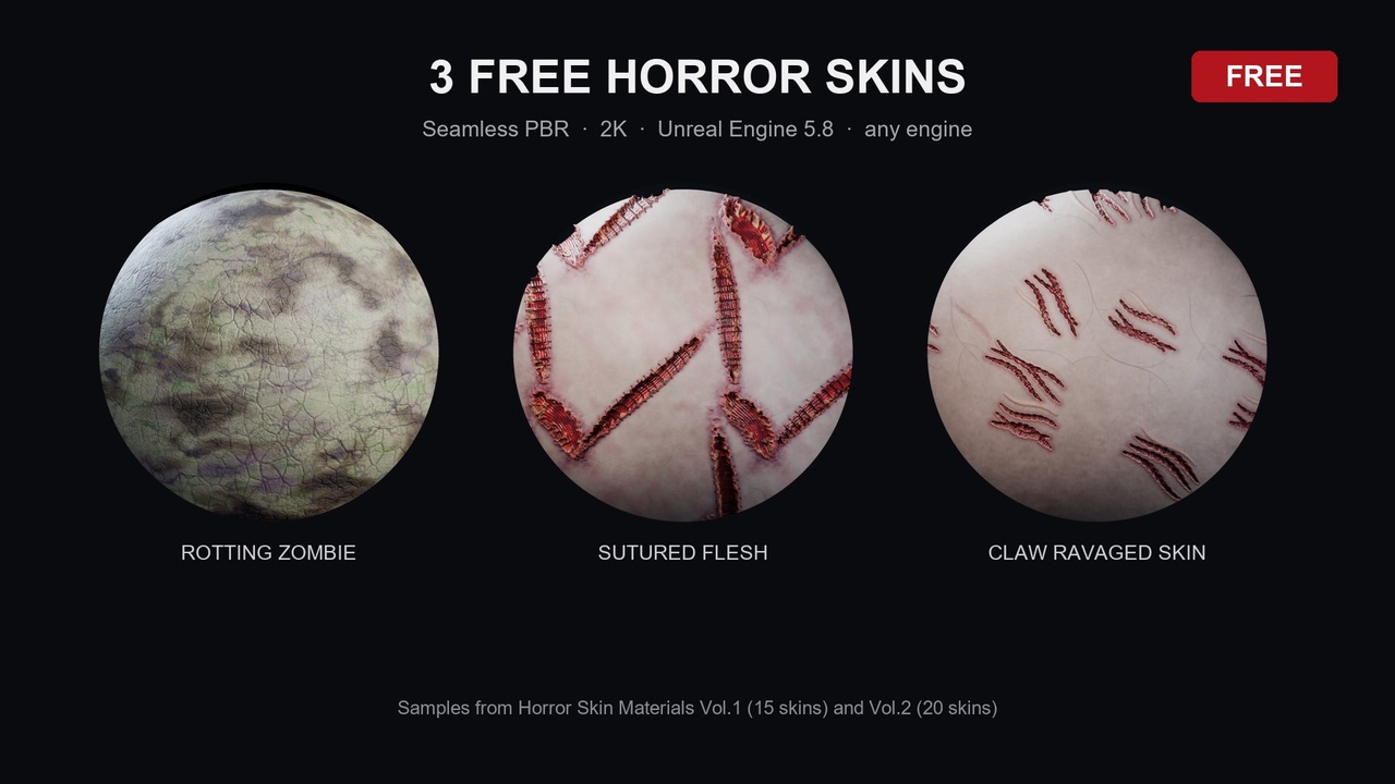 Media 1 for listing Horror Skins - 3 Free Seamless PBR Creature Skins (2K) | UE5
