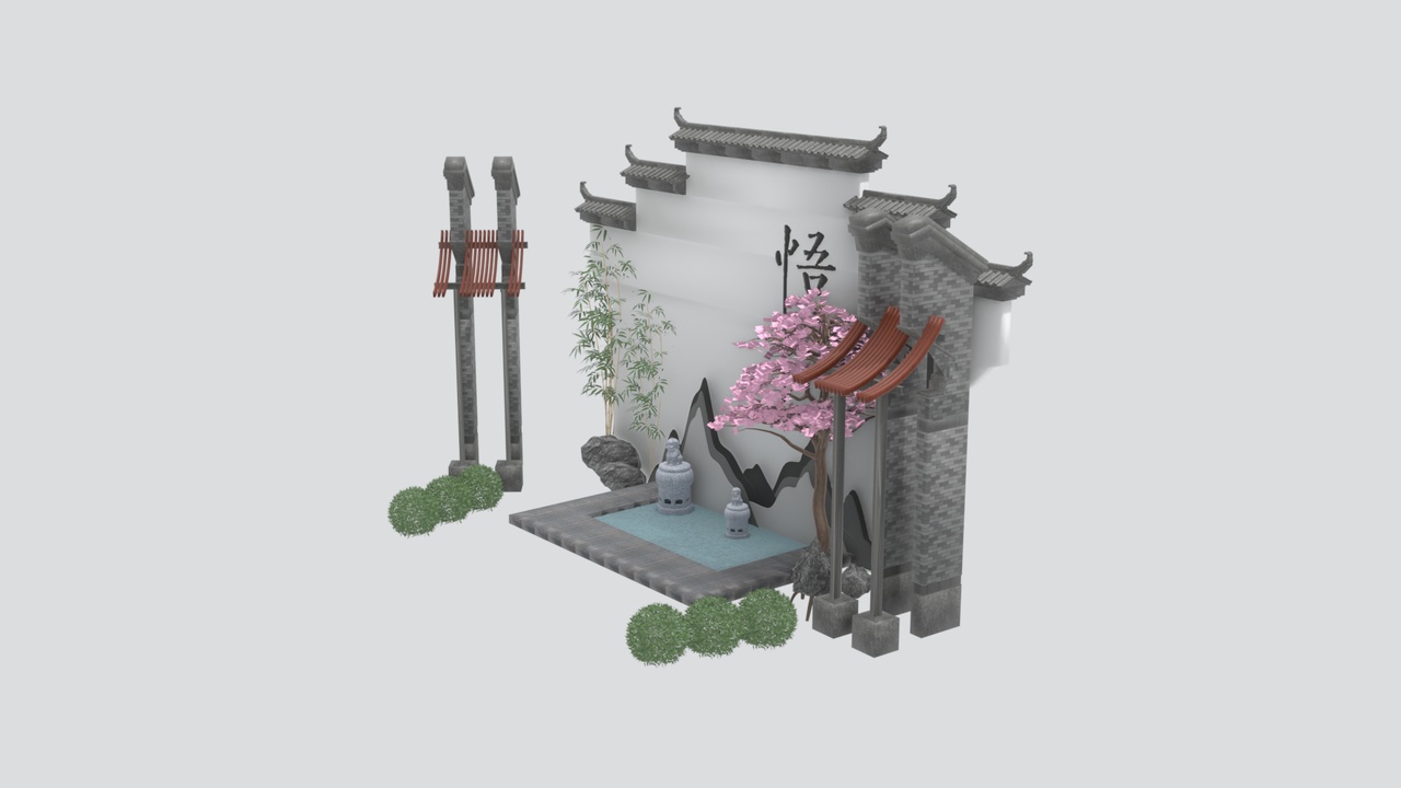 Media 1 for listing Traditional Asian Courtyard Gate Entrance Wall Pool Fountain 3D Model