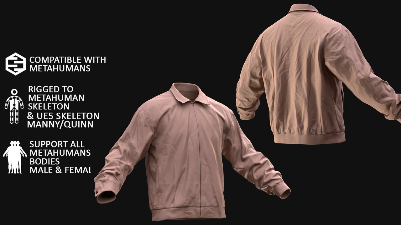 Media 1 for listing Bomber Jacket Metahuman 3D model 4 - MH & UE5 Skeletons - Rigged
