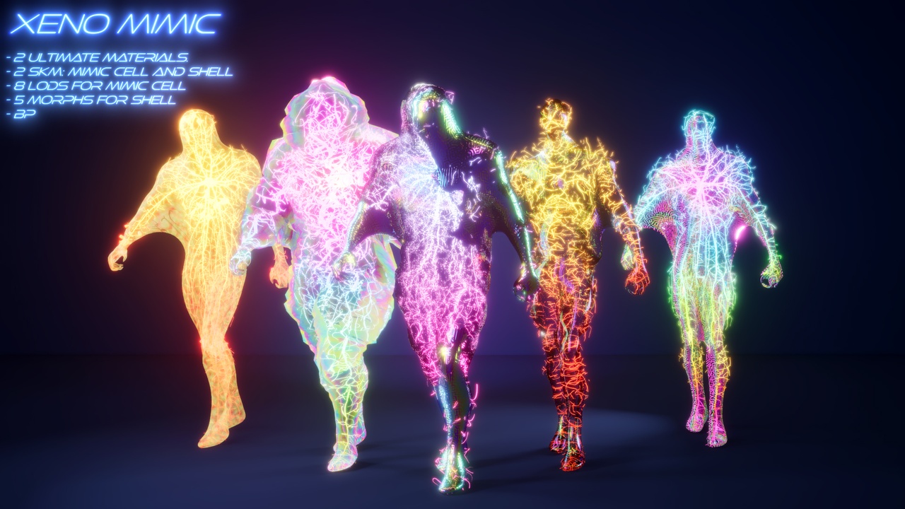Media 1 for listing Xeno Mimic Male, otherworldly Bright modular humanoid with blueprint, material