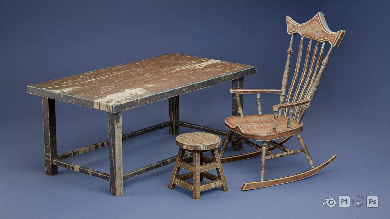 Media 1 for listing Old Wooden Furniture Set - Vintage Chair, Table & Stool Asset Pack