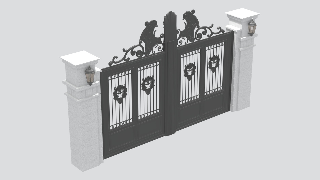 Media 1 for listing Ornate Black Wrought Iron Courtyard Gate with Brick Pillars 3D Model