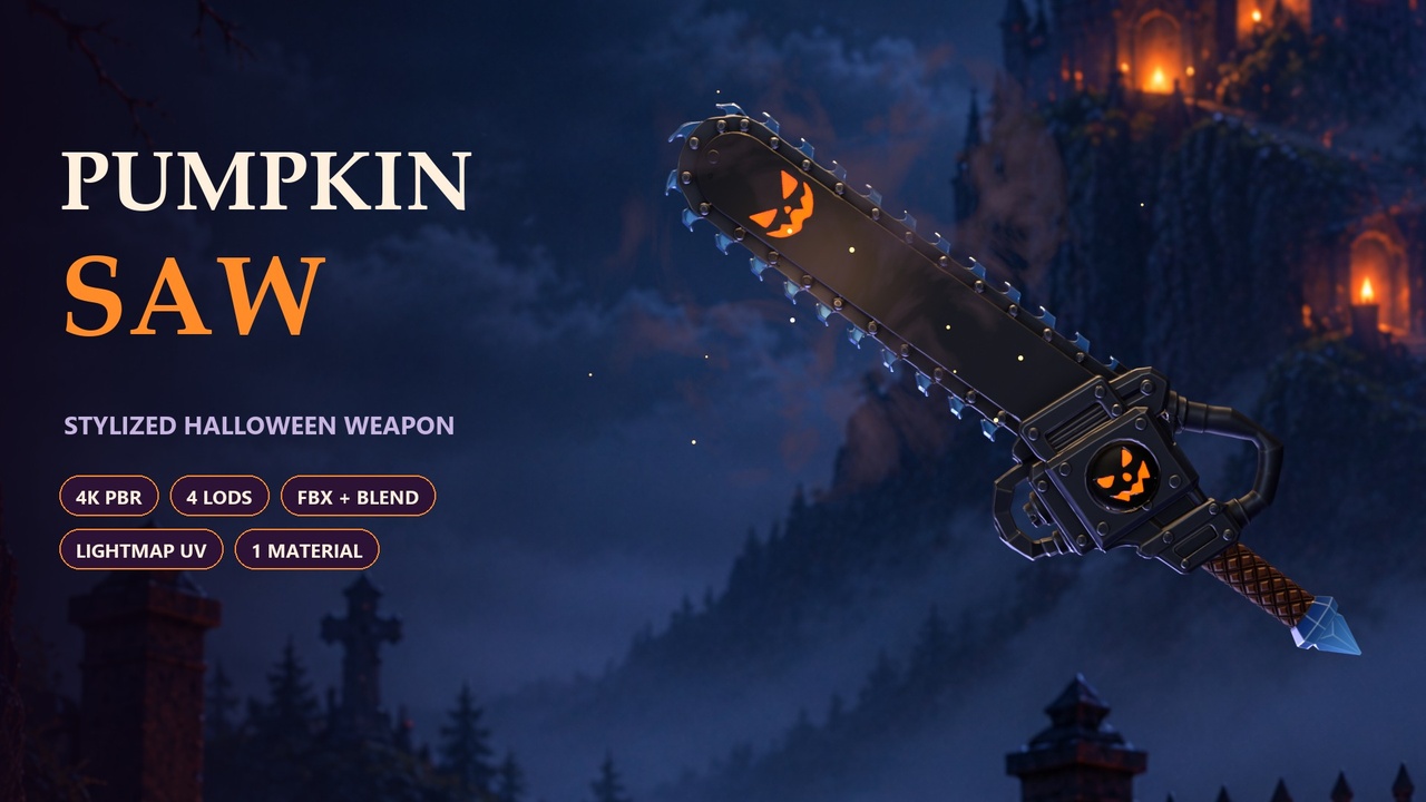 Media 1 for listing Pumpkin Saw - Stylized Halloween Chainsaw Sword