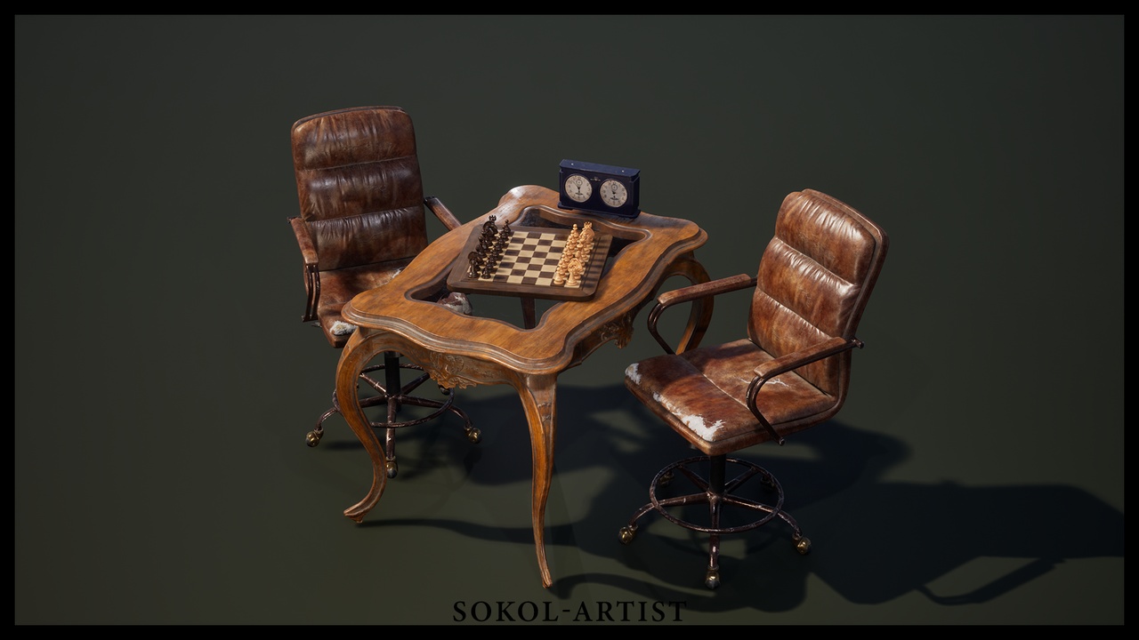 Media 1 for listing Chess Asset: Antique Table & Leather Armchairs Set