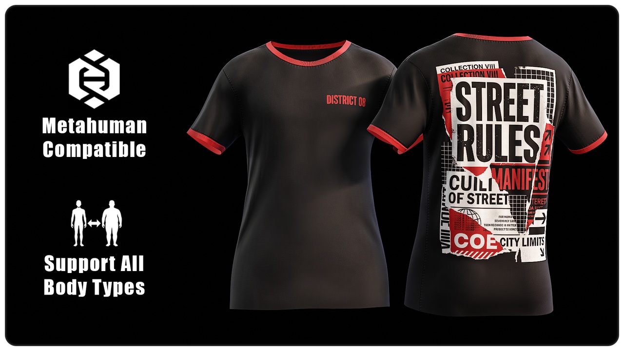 Media 1 for listing T-Shirt 003: Street Rules Streetwear - MetaHuman Wardrobe Item