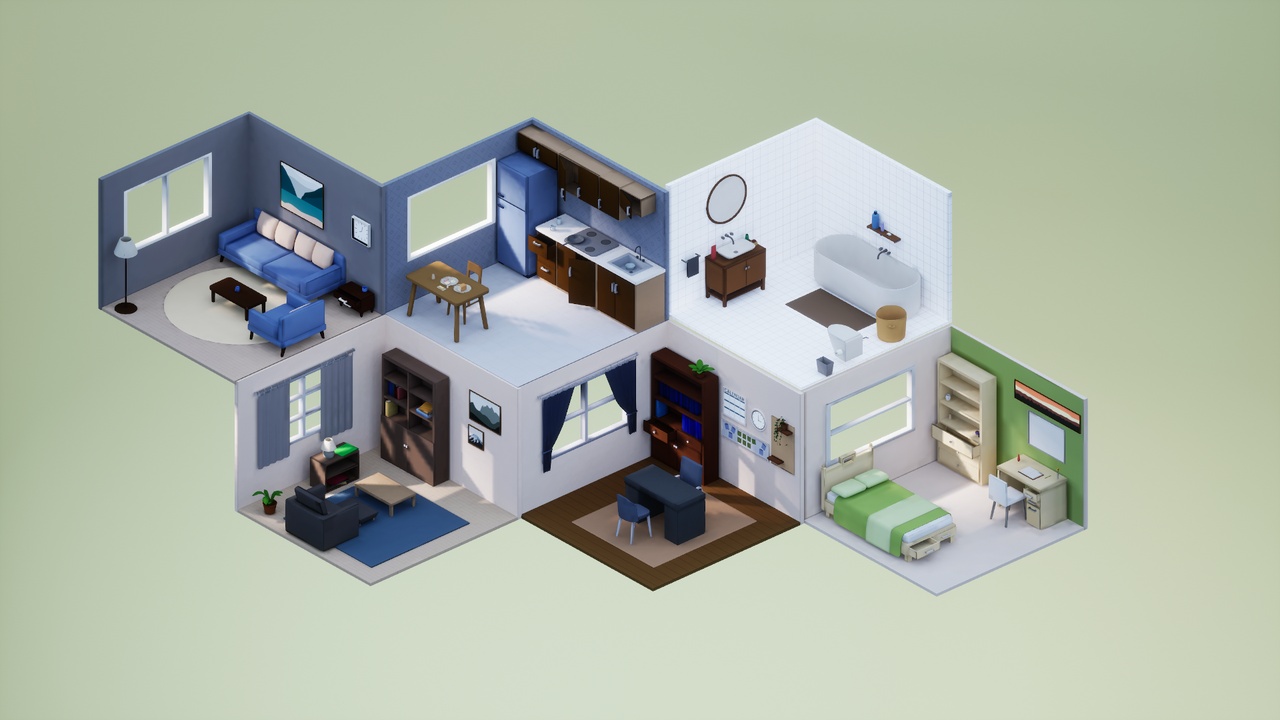 Media 1 for listing 10 Cartoon-Style Low Poly 3D Room Interiors Pack