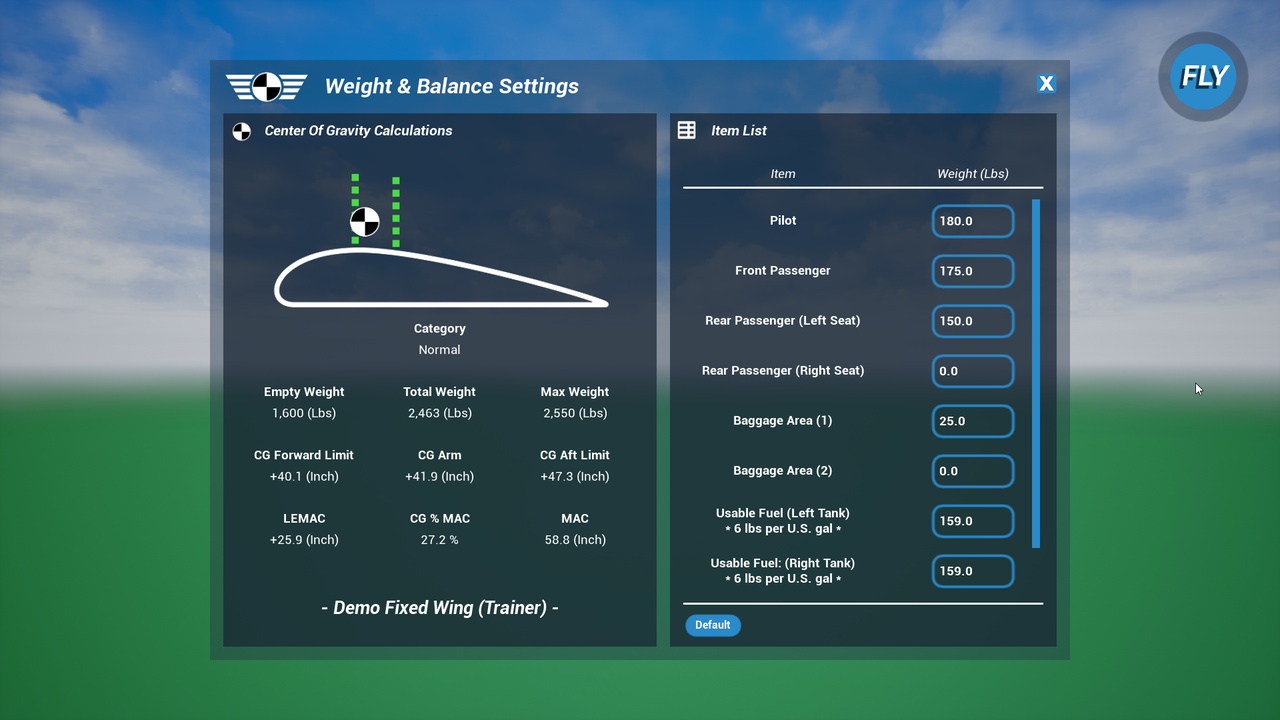 Weight & Balance Settings Menu | Fab