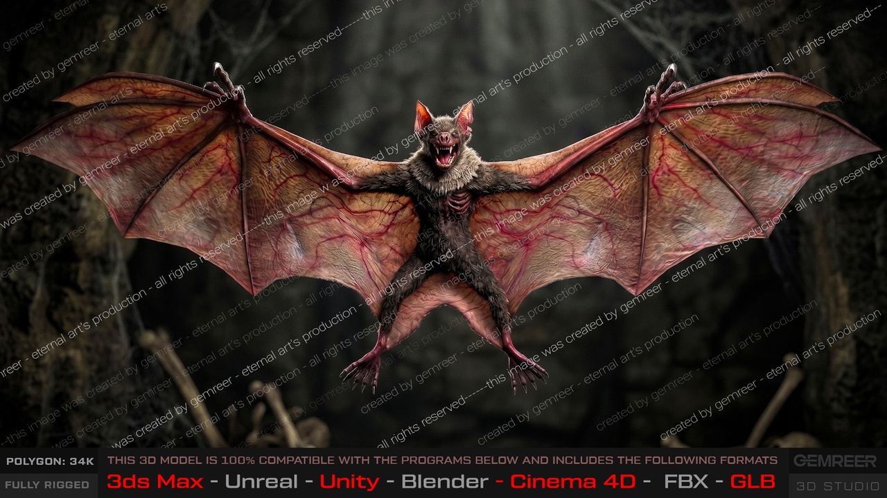 Media 1 for listing Vampire Bat Fully Rigged + Game-Ready
