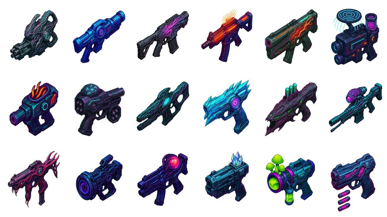 Media 1 for listing Cyber Weapons Pack Vol.1– Neon Hard Surface (171 Sci-Fi Guns & Gear)