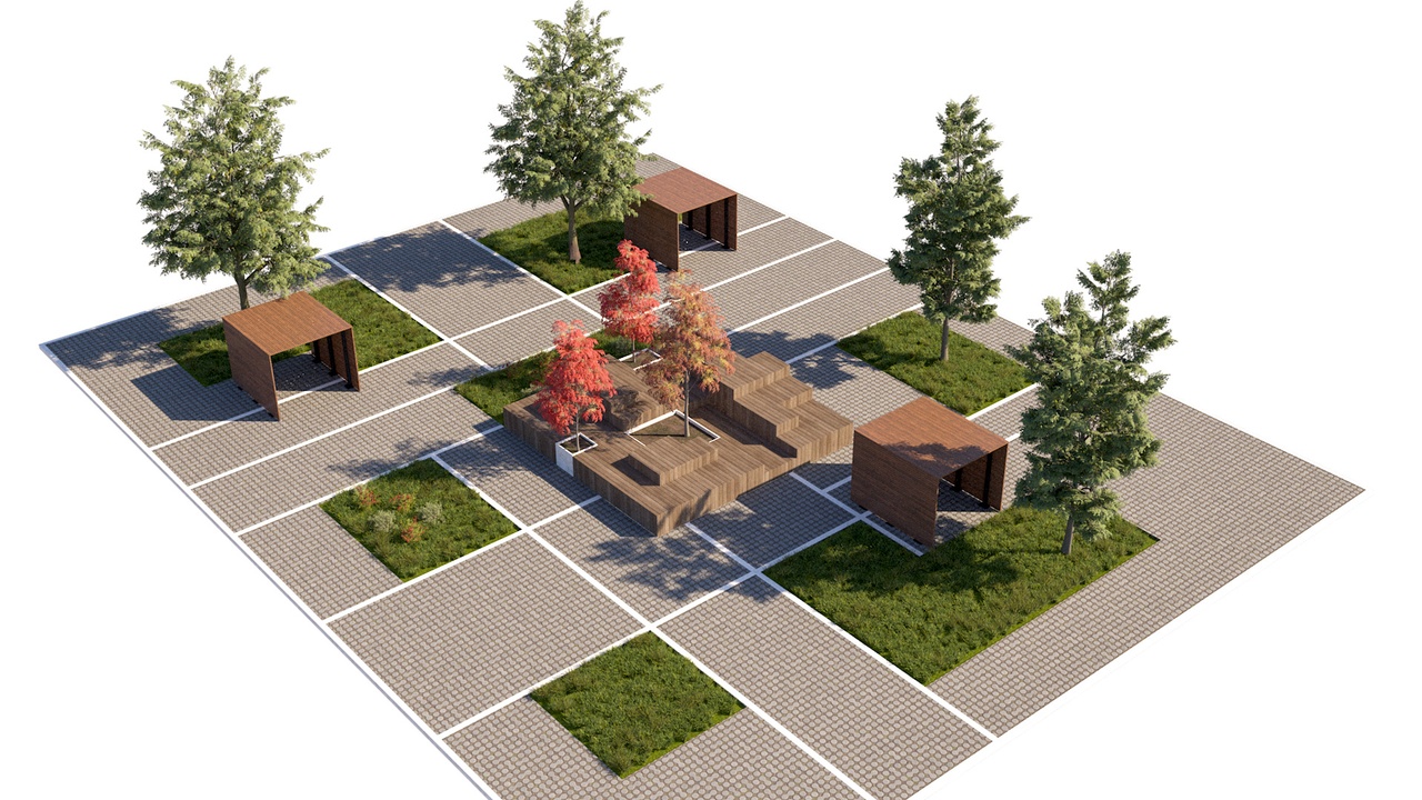 Media 1 for listing Modular Urban Plaza with Tiered Wooden Seating and Pocket Park