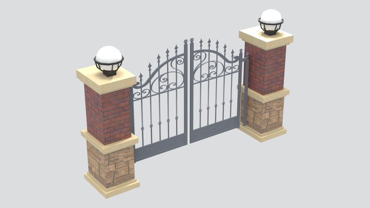 Media 1 for listing Wrought Iron Courtyard Gate with Brick Stone Pillars Lamps 3D Model
