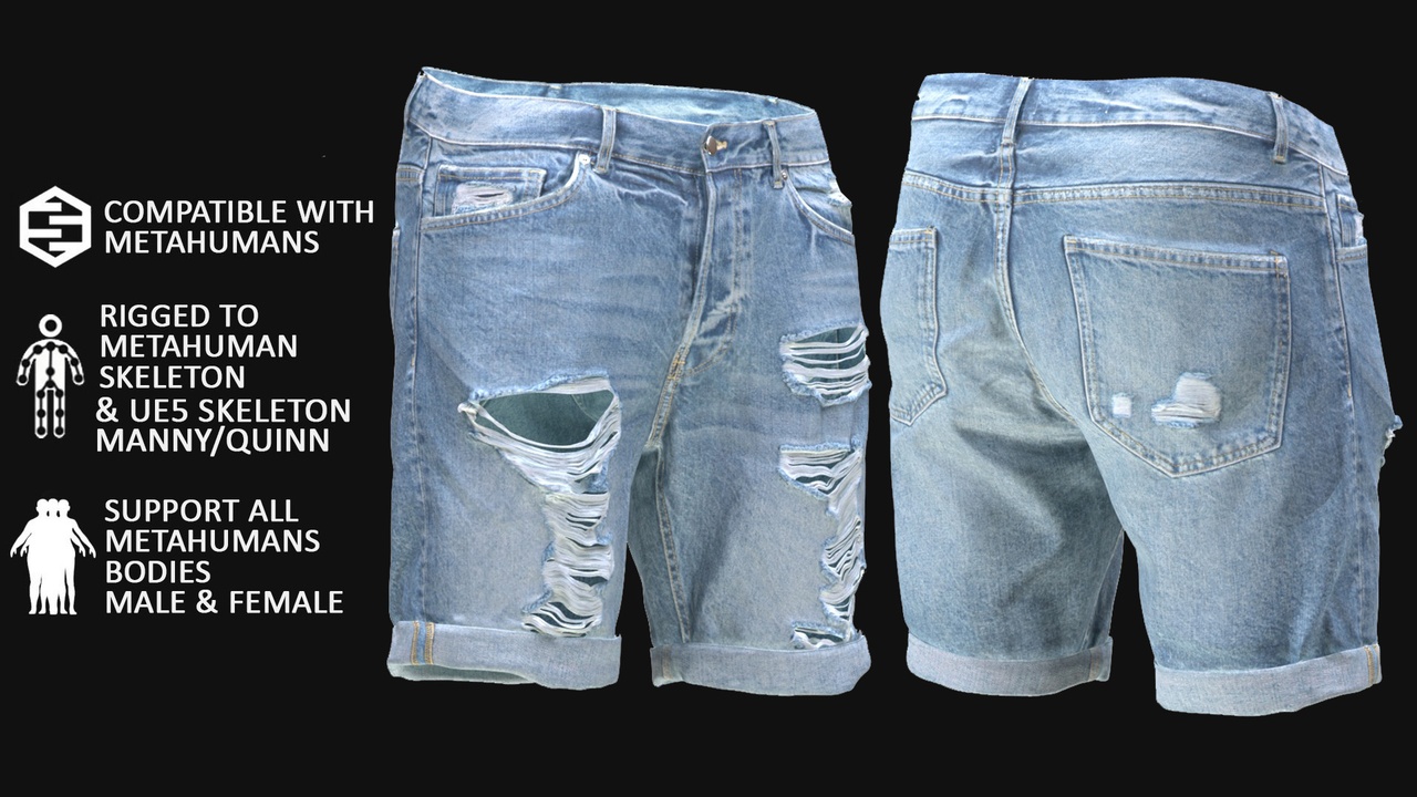 Media 1 for listing Ripped Denim Shorts for Metahuman 3D model 178 - MH & UE5 Skeletons - Rigged