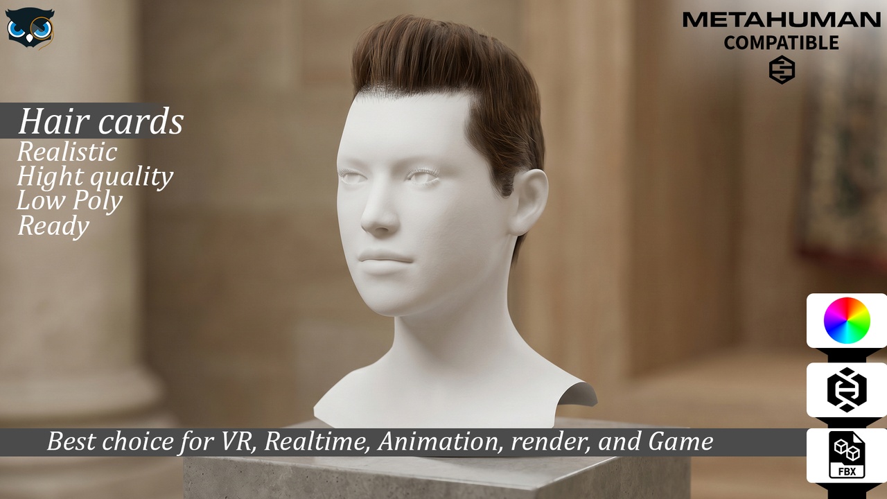 Media 1 for listing Classic Pompadour Hair Cards MetaHuman Compatible Real Time Game Ready Hairstyle
