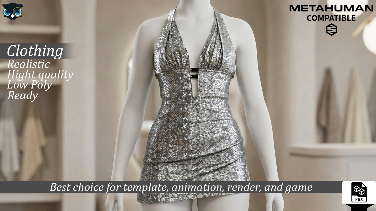 Media 1 for listing Silver Sequin Party Dress Nightclub Fashion Metahuman compatible