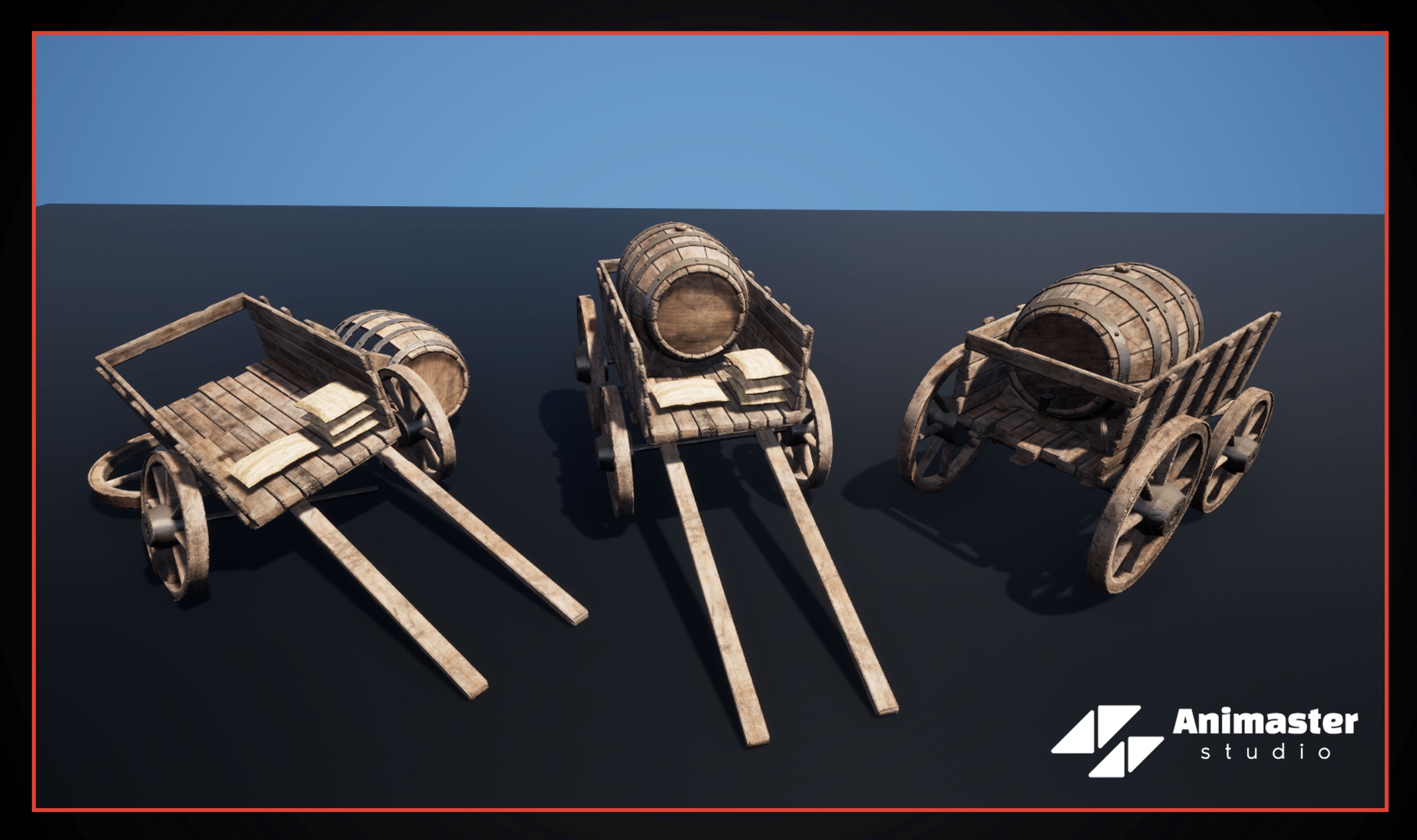 Media 1 for listing Medieval Wooden Barrel Cart – Rigged & Animated with Broken Variant