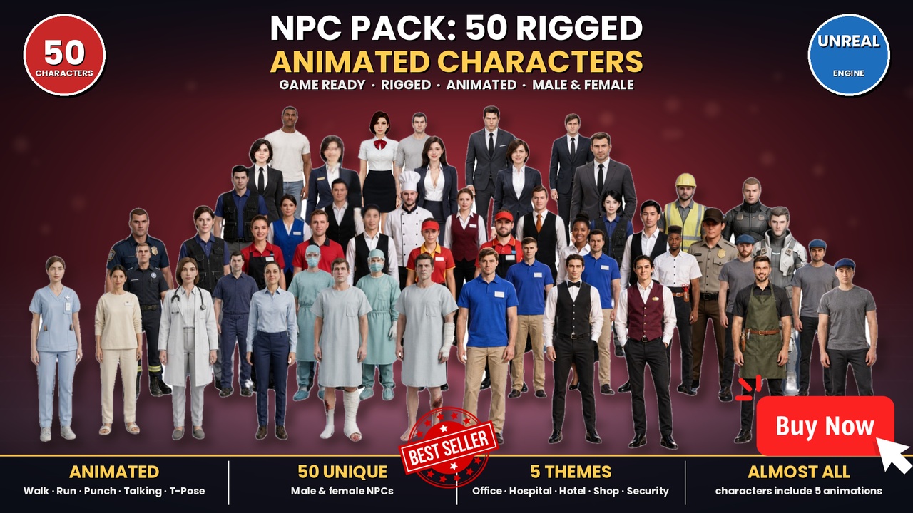 Media 1 for listing NPC Pack 50 Rigged Animated Characters Game Ready Unreal