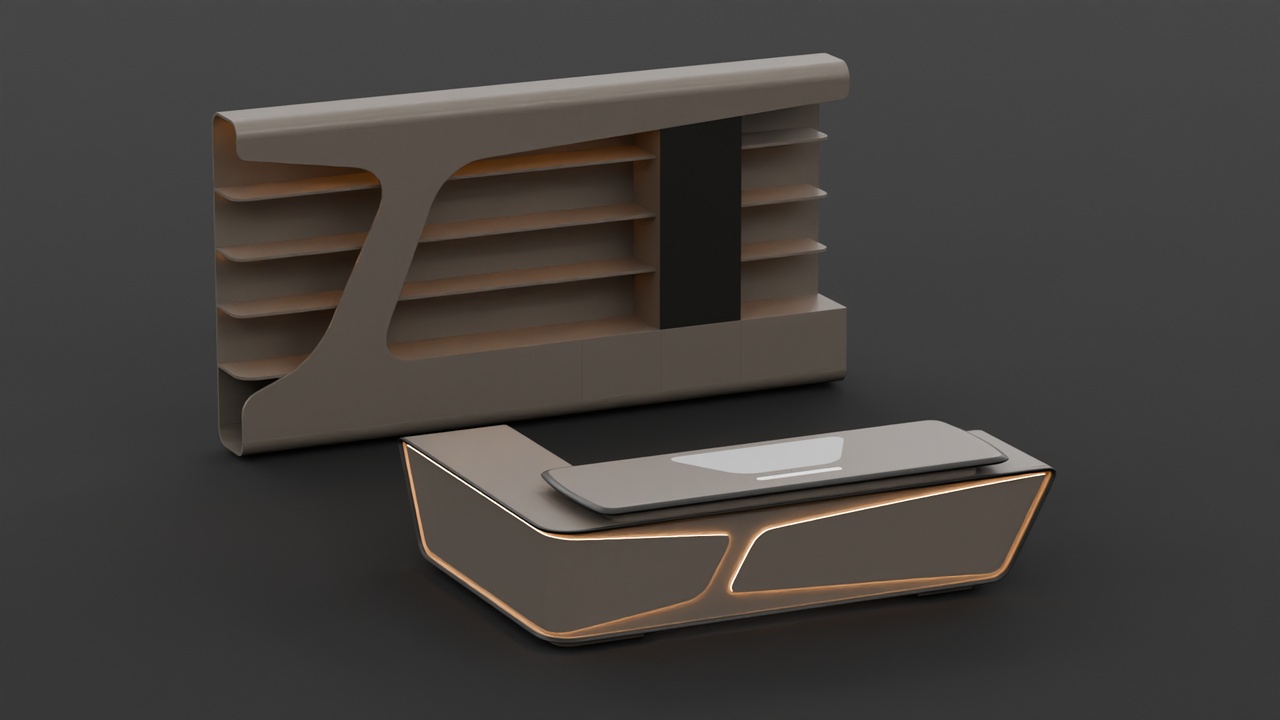 Media 1 for listing Futuristic L-Shaped Executive Desk & Display Wall Suite (Warm Grey & LED)