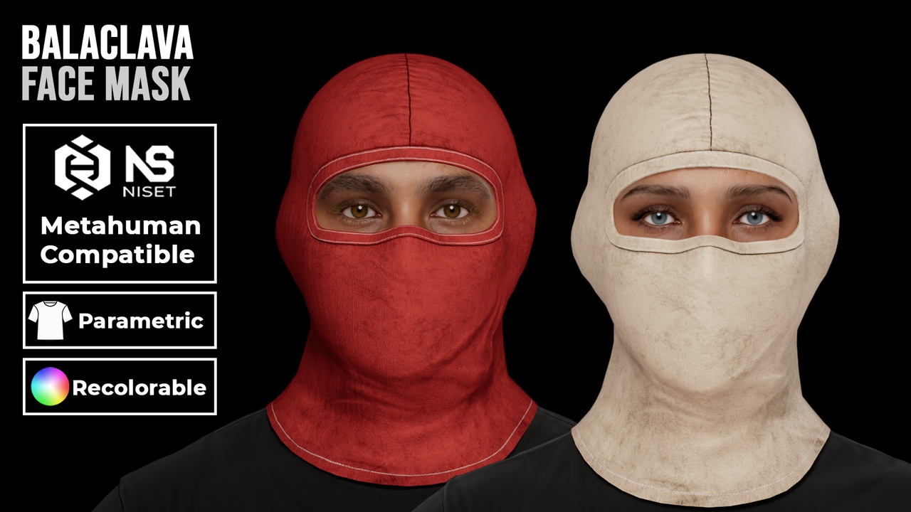 Media 1 for listing Balaclava 01 - Recolorable Parametric Face Mask for Metahuman MH UE5 MHPKG
