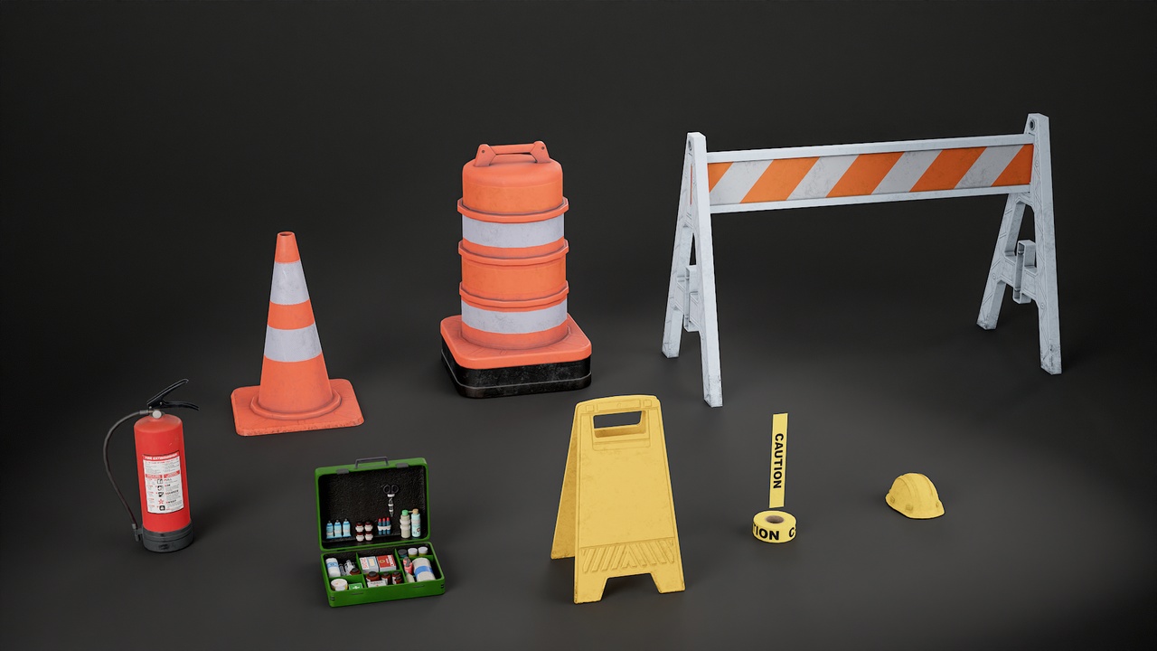 Industrial Safety & Signage Props Pack | Cones, Barriers, Warning Signs ...