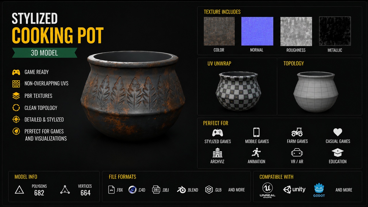 Media 1 for listing Stylized Medieval Cooking Cauldron – Game Ready 3D Model