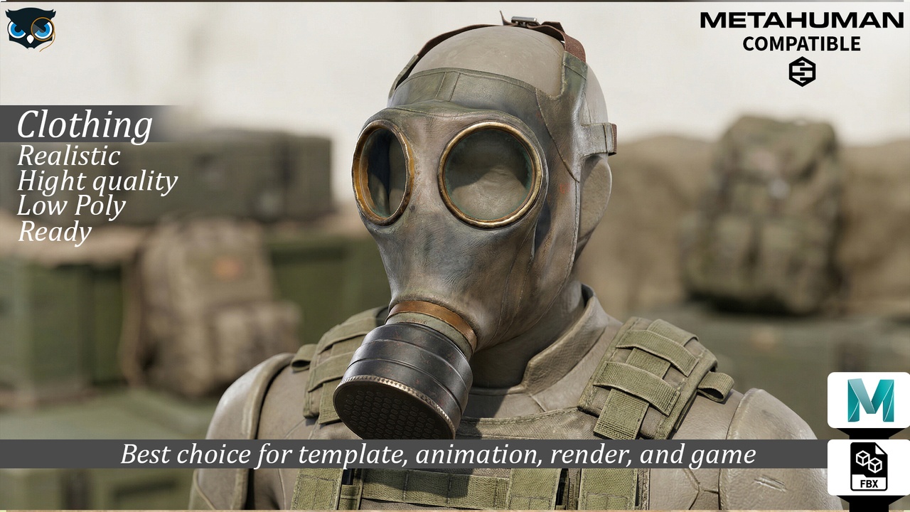 Media 1 for listing WWII Veteran Gas Mask Realistic Game Ready Headwear MetaHuman Compatible