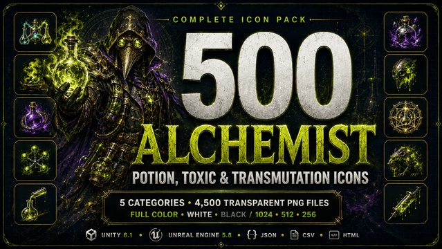 500 Alchemist & Plague Doctor Potion, Toxic & Transmutation Icons — Cobalt Game Assets