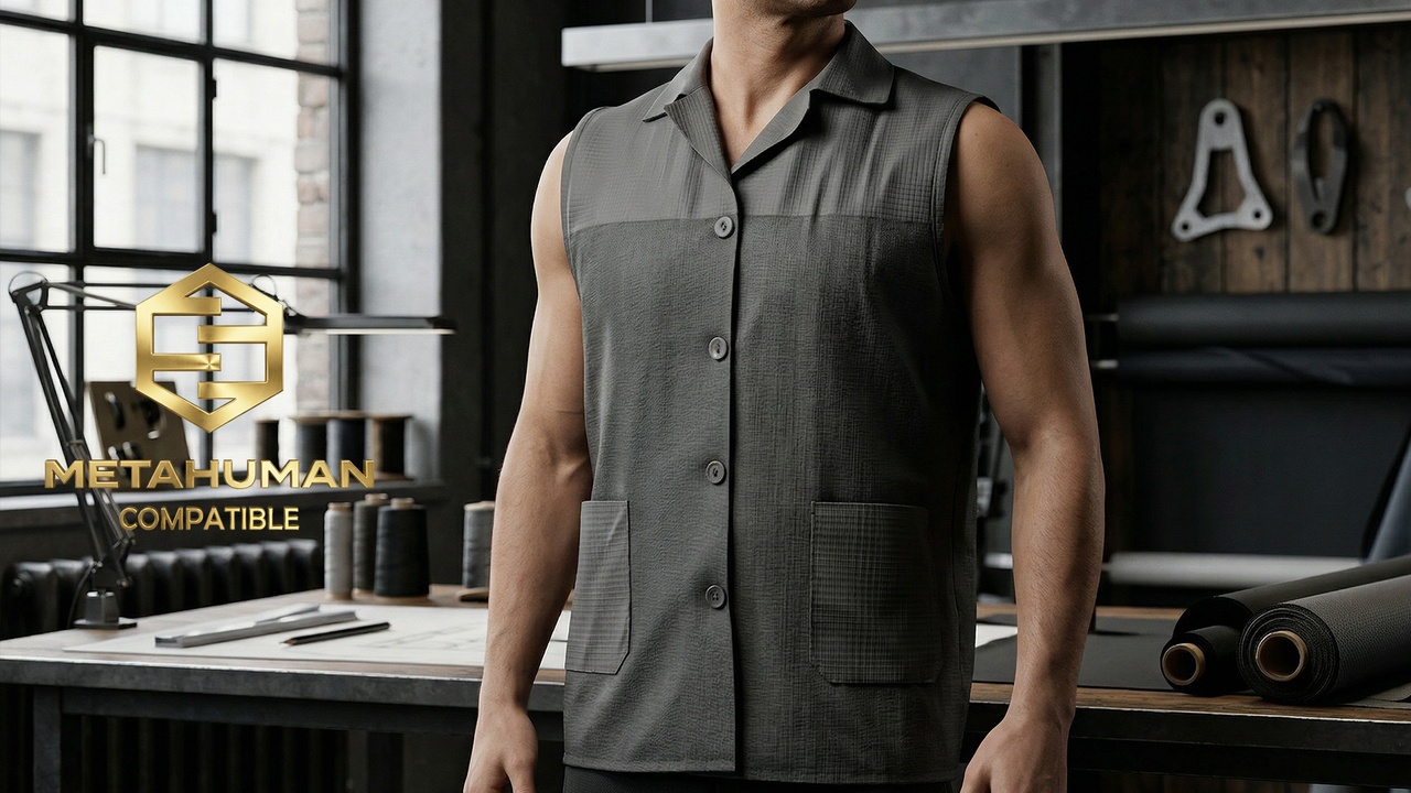 Media 1 for listing Modern Two-Tone Sleeveless Shirt with Button Closure and Utility Pockets