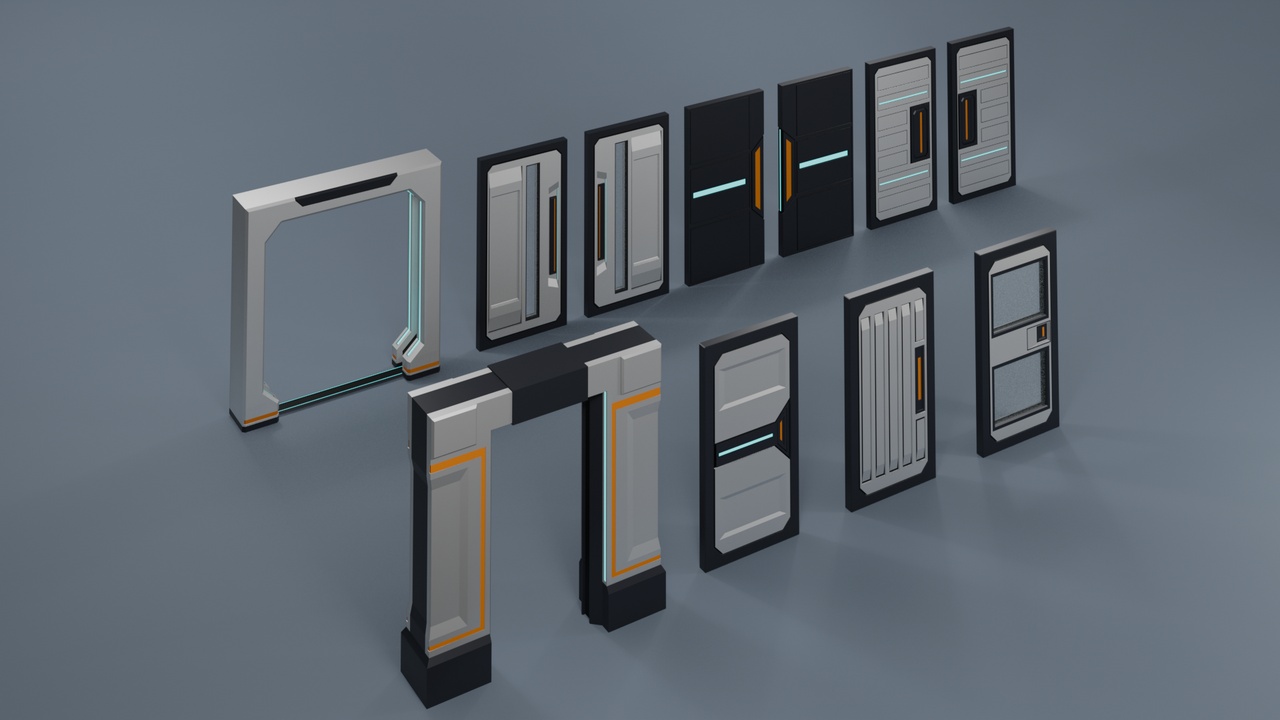 Low Poly Sci-Fi Doors Pack A-002 | Fab