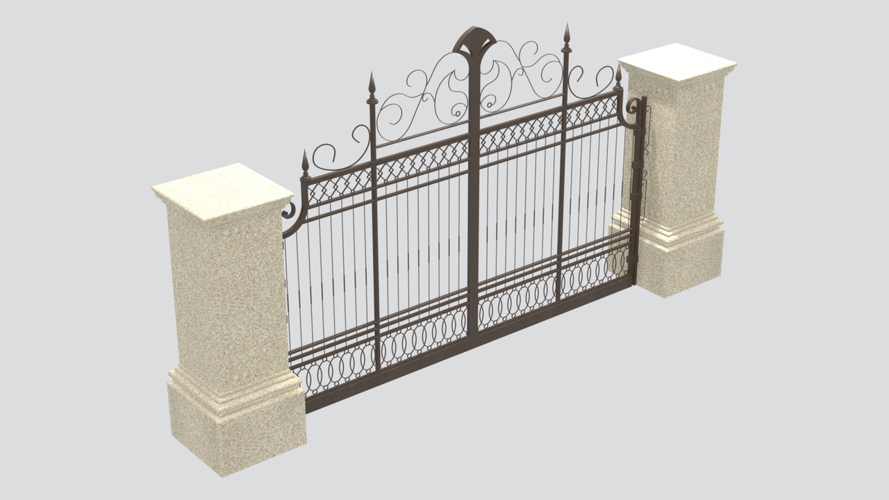 Media 1 for listing Wrought Iron Double Gate with Stone Pillars 3D Model