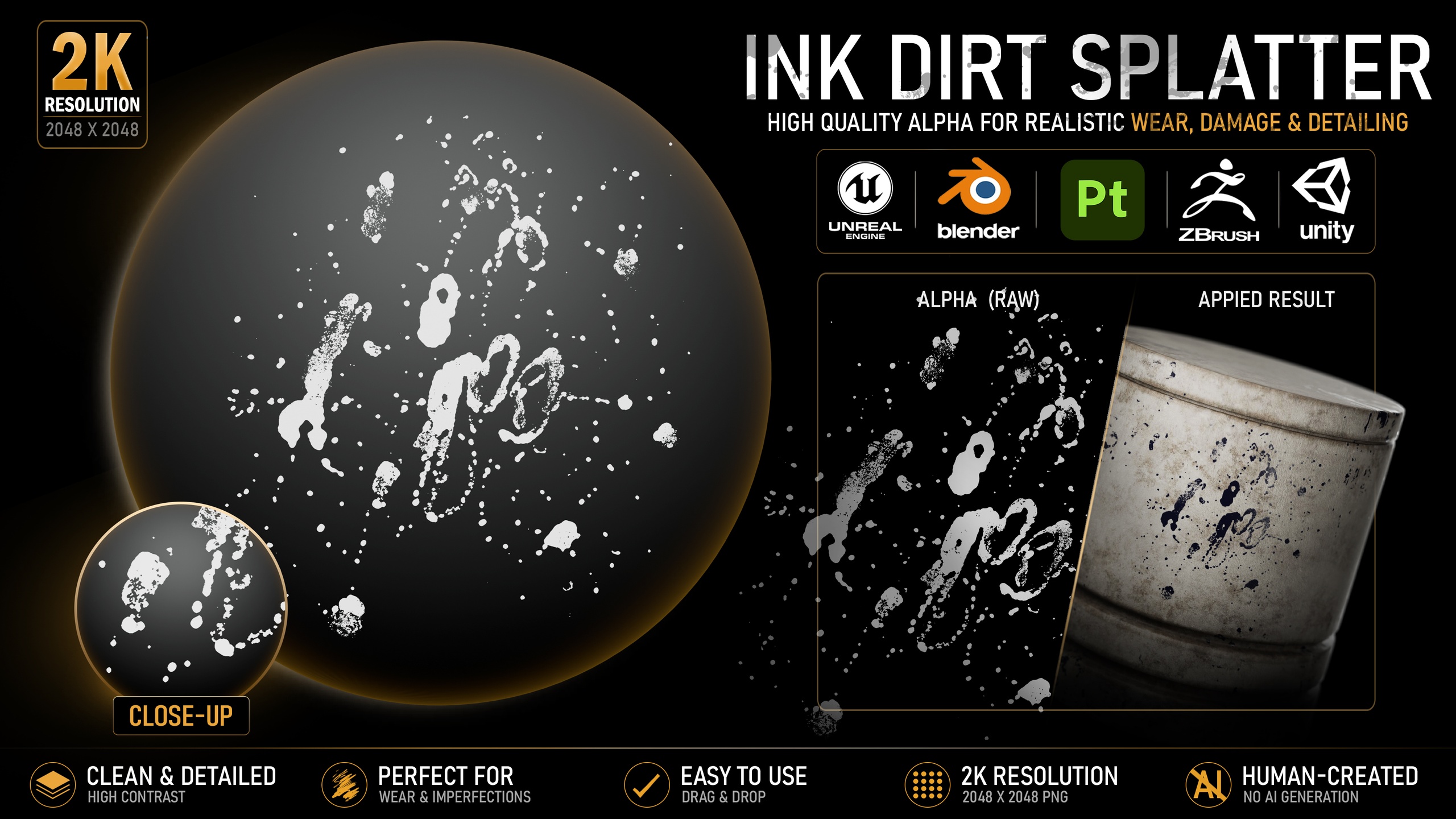 Media 1 for listing Ink Dirt Splatter Alpha | High-Resolution Grunge Texture