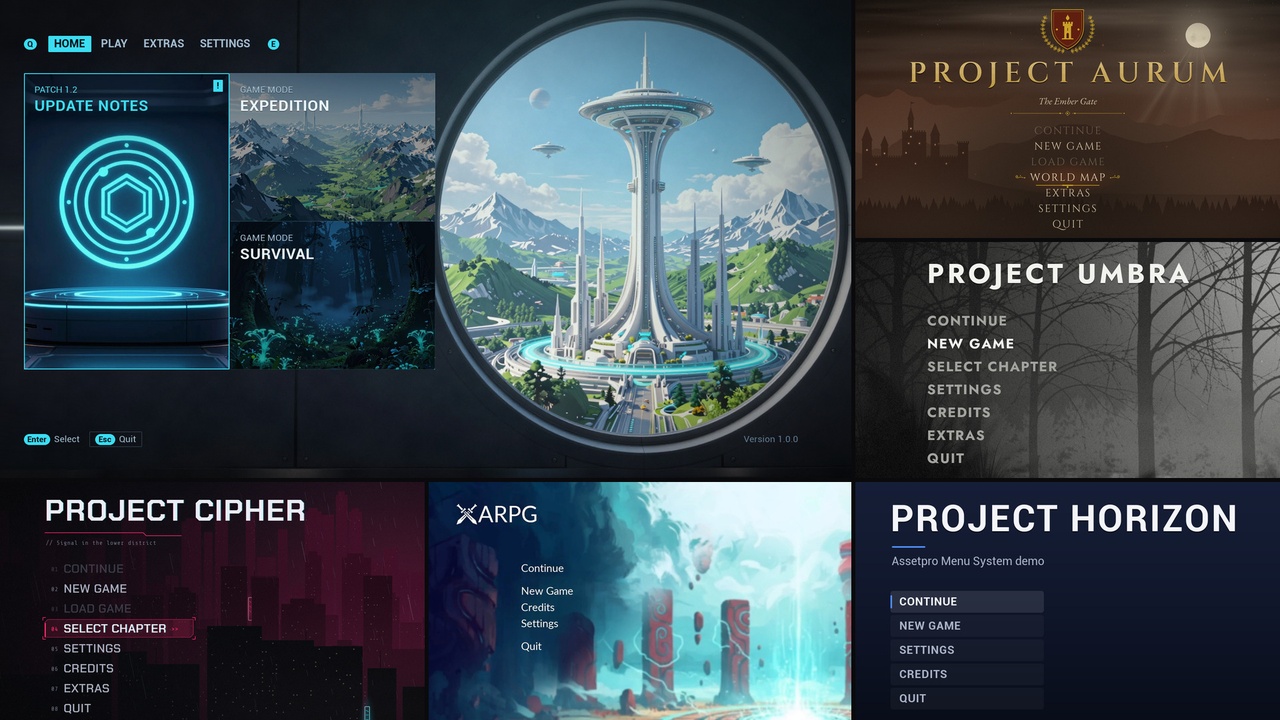Media 1 for listing Menu Systems Bundle - 6 CommonUI Menus: Fantasy, Cyberpunk, Noir & More | UE5