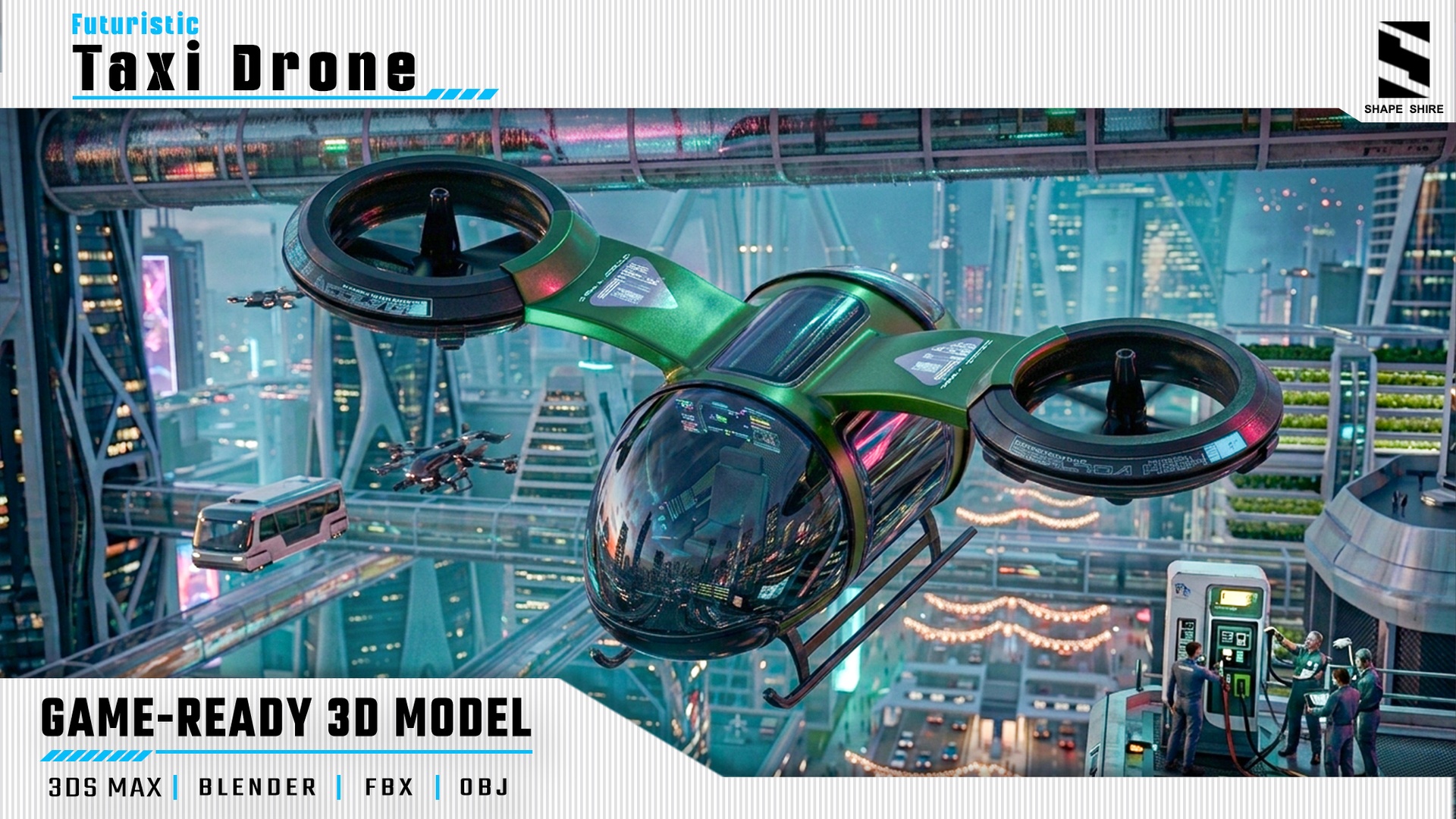 Media 1 for listing Futuristic Taxi Drone 3D Model | PBR Game-Ready Sci-Fi Vehicle