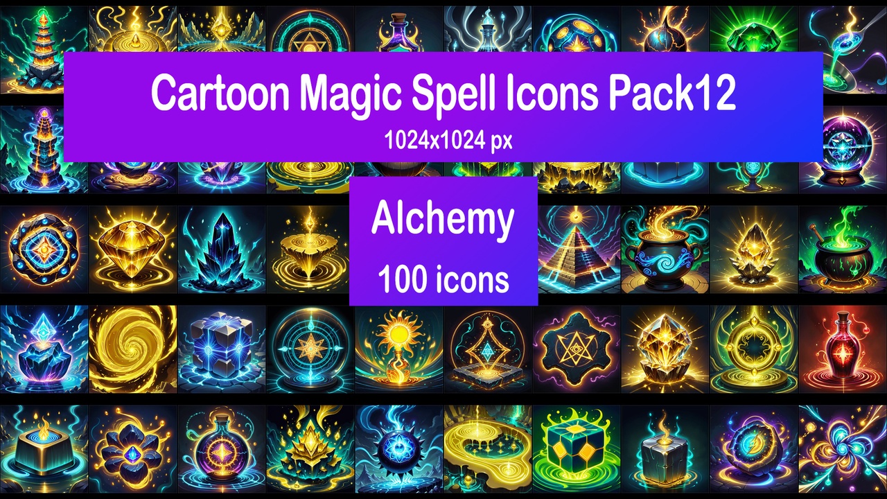 Media 1 for listing Cartoon Magic Spell Icons Pack12 - Alchemy