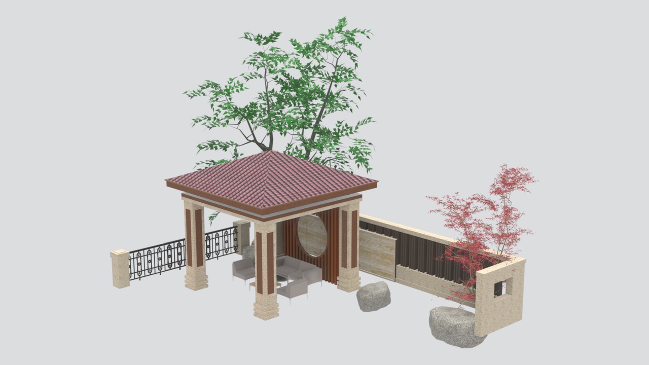 Media 1 for listing Villa Courtyard Pavilion Landscape Wall Set 3D Model