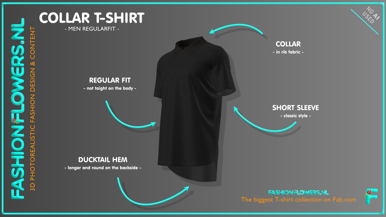 Media 1 for listing Black Colour Short Sleeve Ducktail Collar T-shirt | Longer Backside Poloshirt