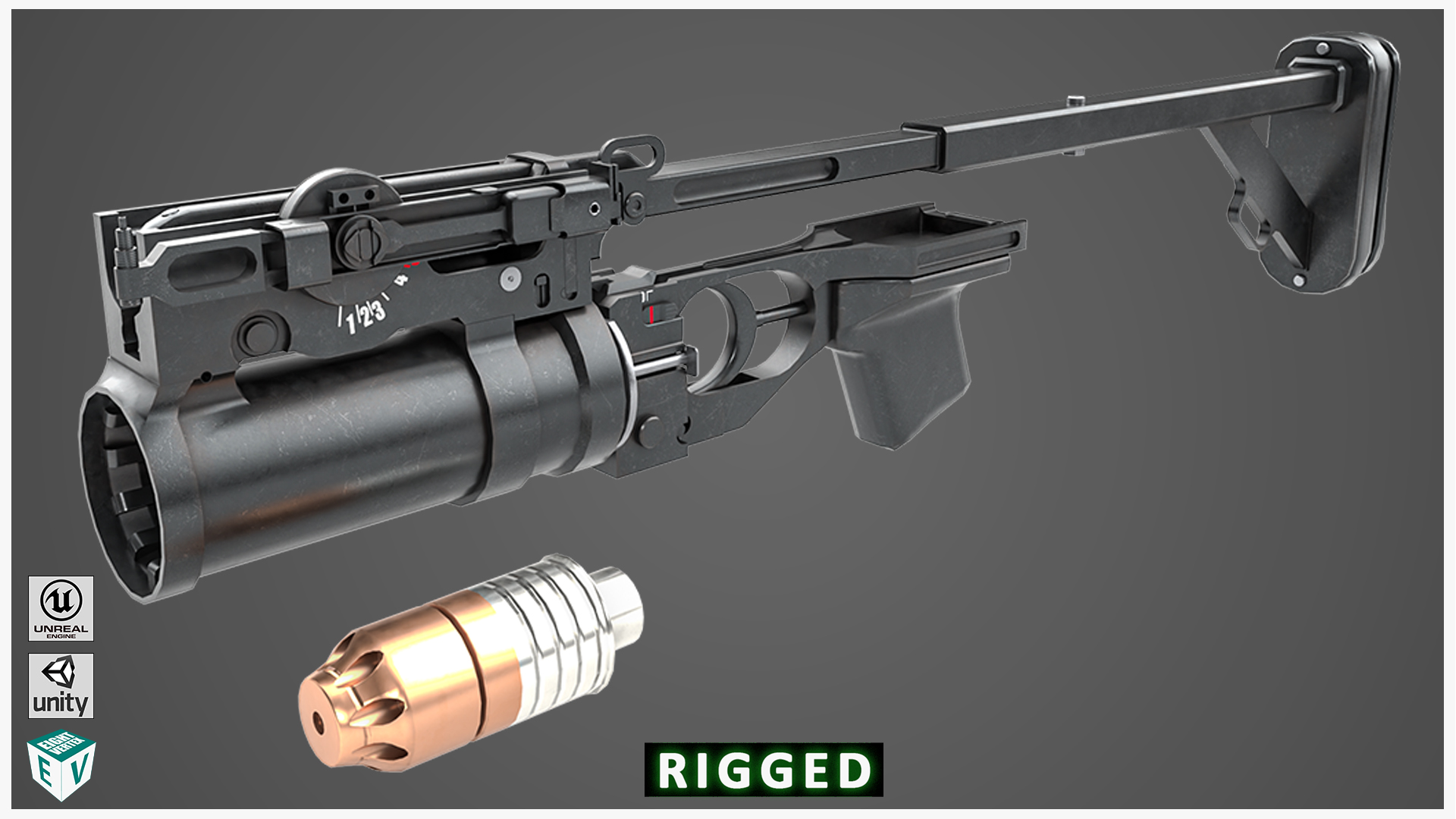 Grenade Launcher 03 Black Standalone Rigged All PBR Unity UE Textures | Fab