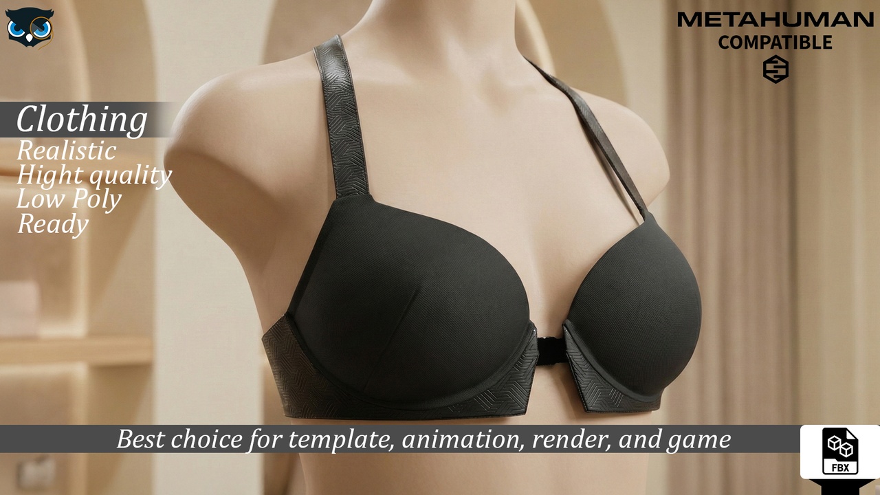Media 1 for listing Black Push Up Bra with Textured Straps Bikini  Metahuman Compatible