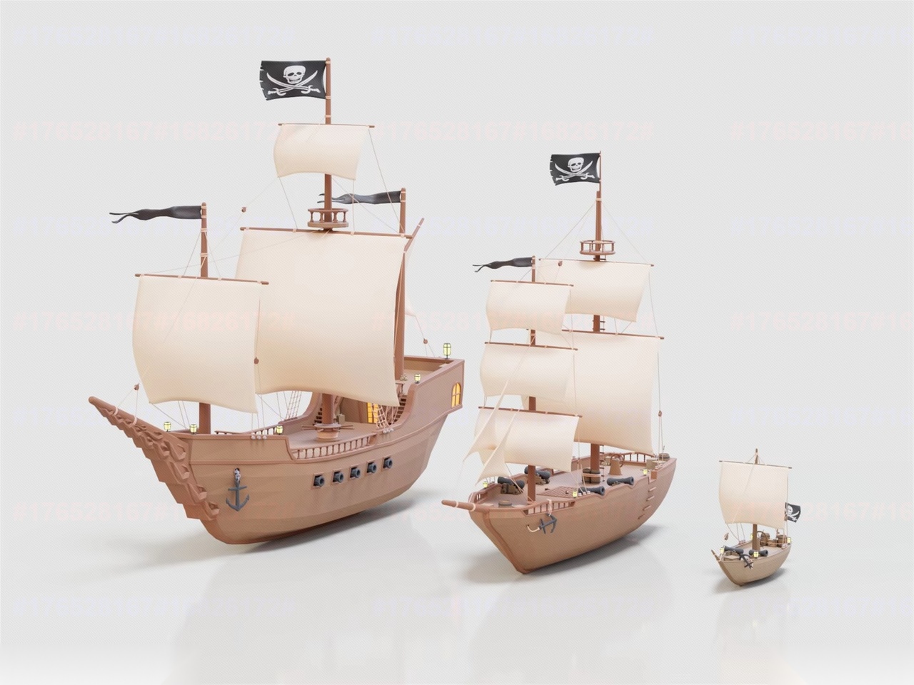 Media 1 for listing Cartoon Pirate Ship Pack Vintage Wooden Sailing Vessel Low-poly