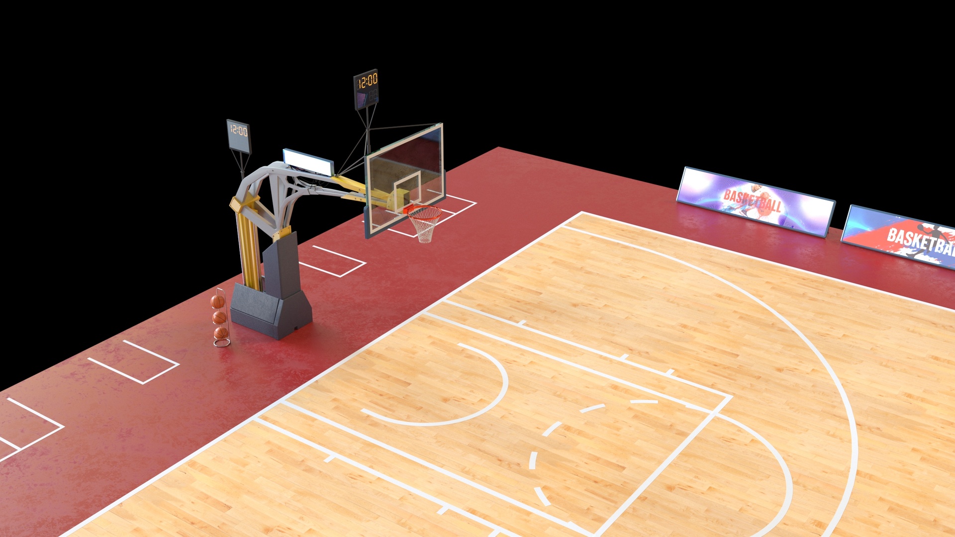 Media 1 for listing Basketball Court Set with Backboard, Hoop, Parquet, Balls, Digital Timer, Screen