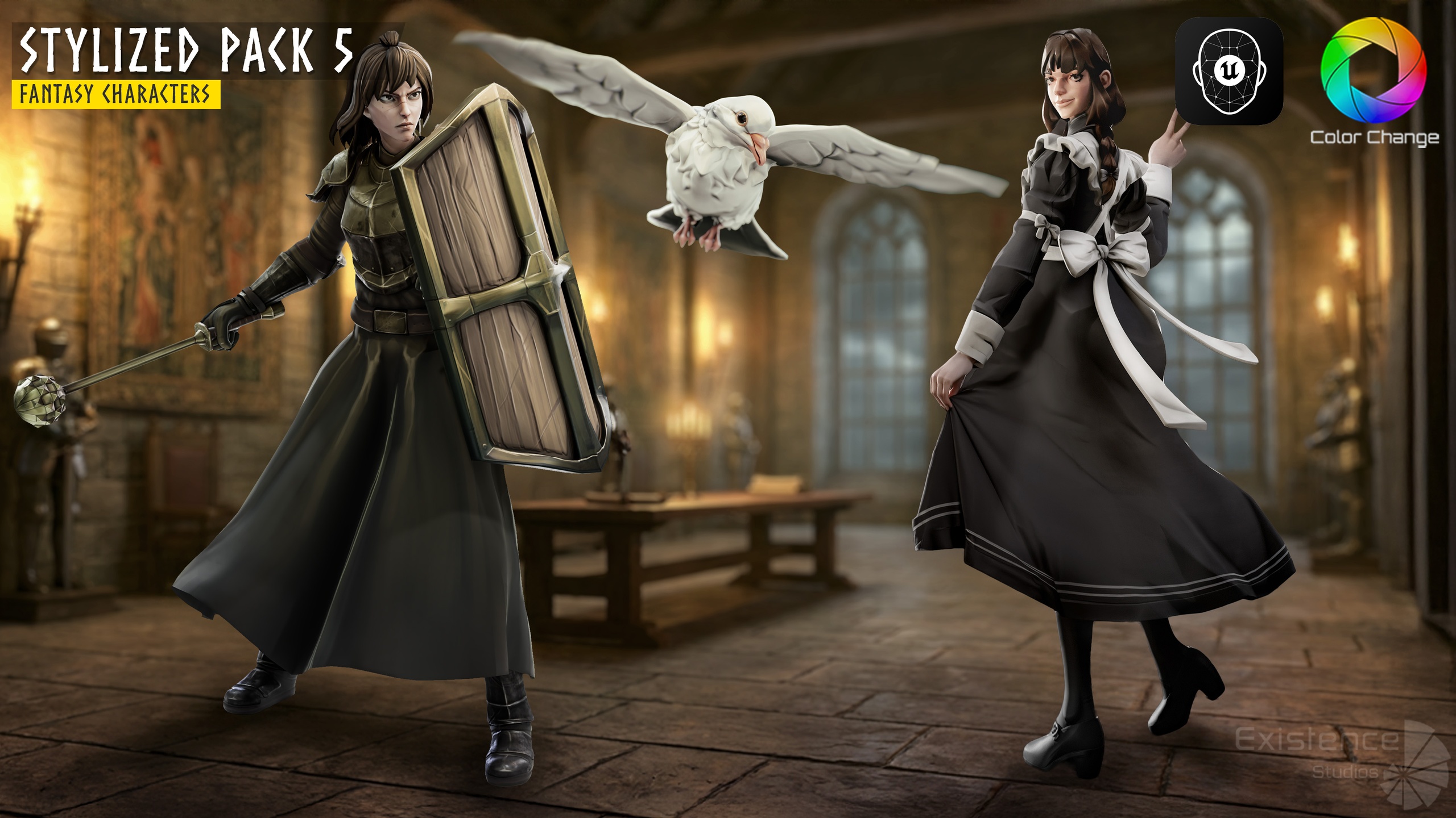 Media 1 for listing 3 in 1 - Stylized Character Pack 5 - Maid Mary - White Pigeon - Shield Guardian