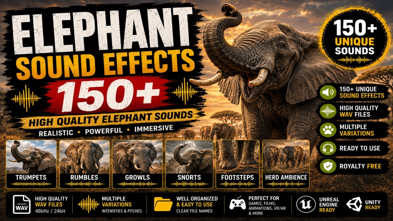 Media 1 for listing Elephant Sounds 150+ Sound Effects FX – High-Quality Elephant Calls & Wildlife