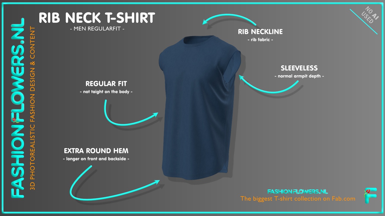 Media 1 for listing Blue Colour Extra Round Underside Sleeveless T-shirt | Rib Fabric Round-Neck