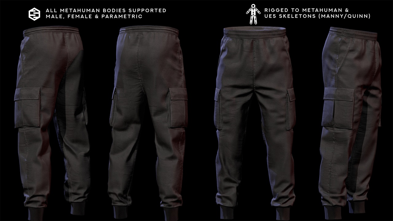 Media 1 for listing Realistic 3D Cargo Jogger Pants – Rigged for Metahumans & UE5 Skeletons