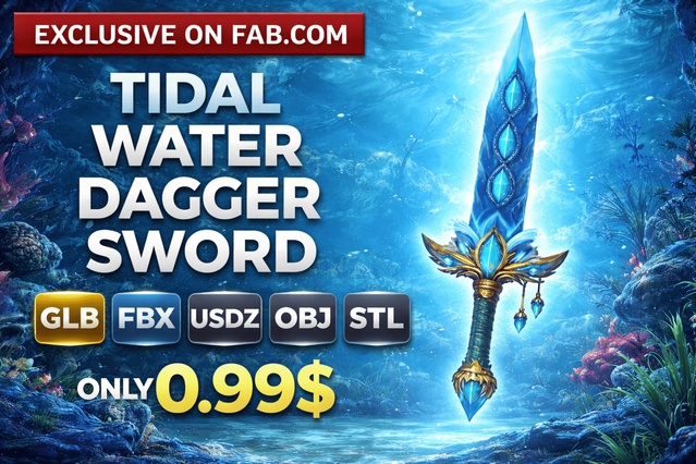Tidal Water Dagger Sword | Stylized Ocean Fantasy Weapon 3D Model (Game Ready) — Cobalt Game Assets