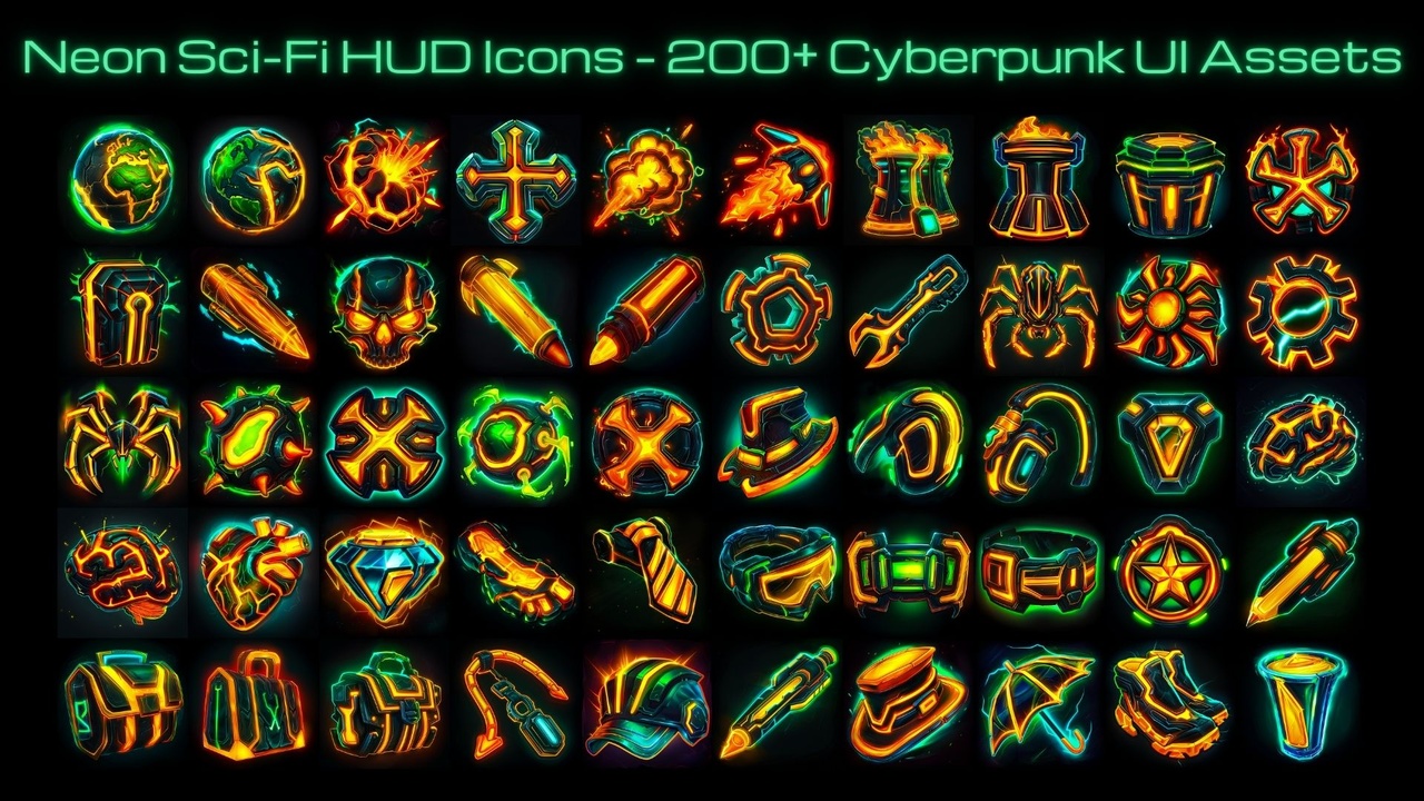 Media 1 for listing Neon Sci-Fi HUD Icons – 300+ Cyberpunk UI Assets