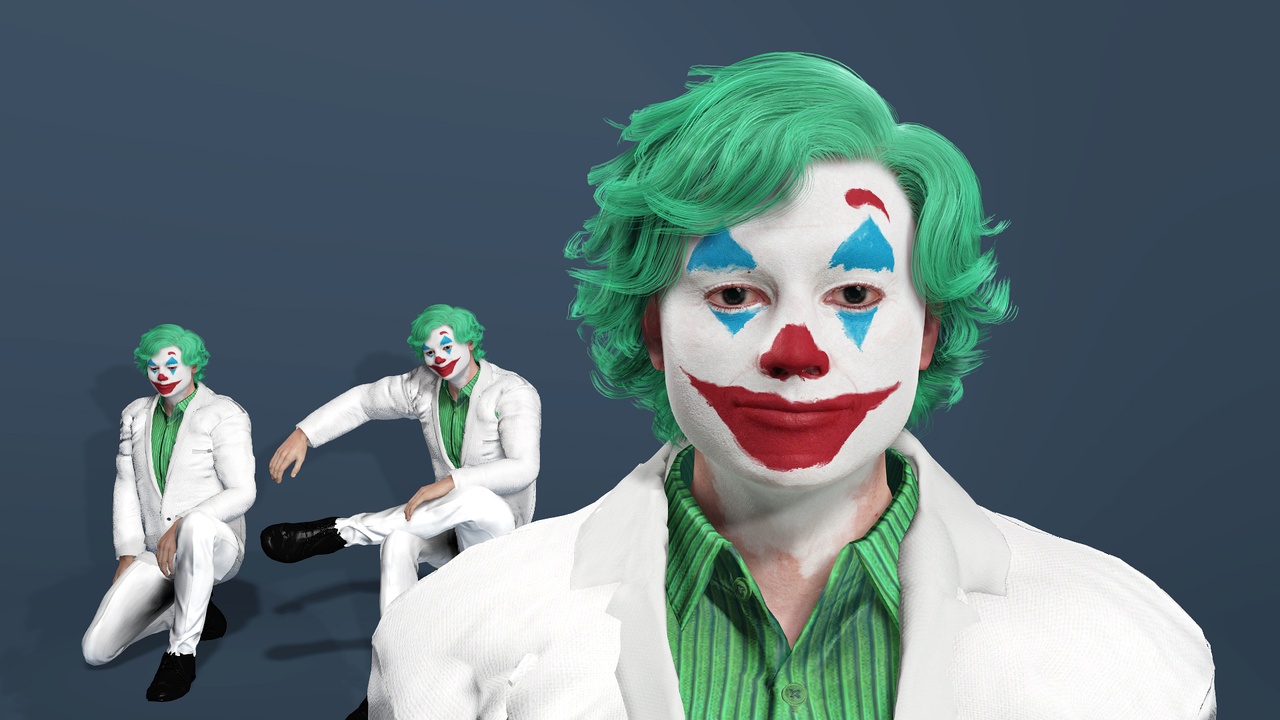 Media 1 for listing Stylized Joker Male Character Fully Rigged  Facial Blendshapes写  实风格男小丑角色全身绑定面部表情